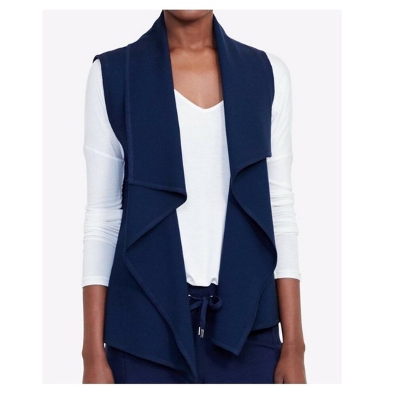 RALPH LAUREN Vest Navy Stretch Equestrian Ponte Open Front Quilted Back SZ L - Picture 1 of 10